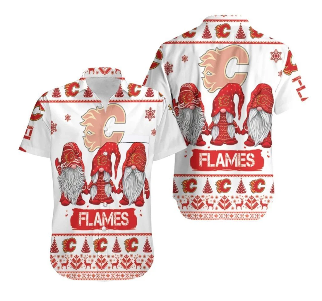 Personalized Christmas Gnomes Calgary Flames Ugly Sweatshirt Christmas Hawaiian Shirt, Button Up Aloha Shirt For Men, Women