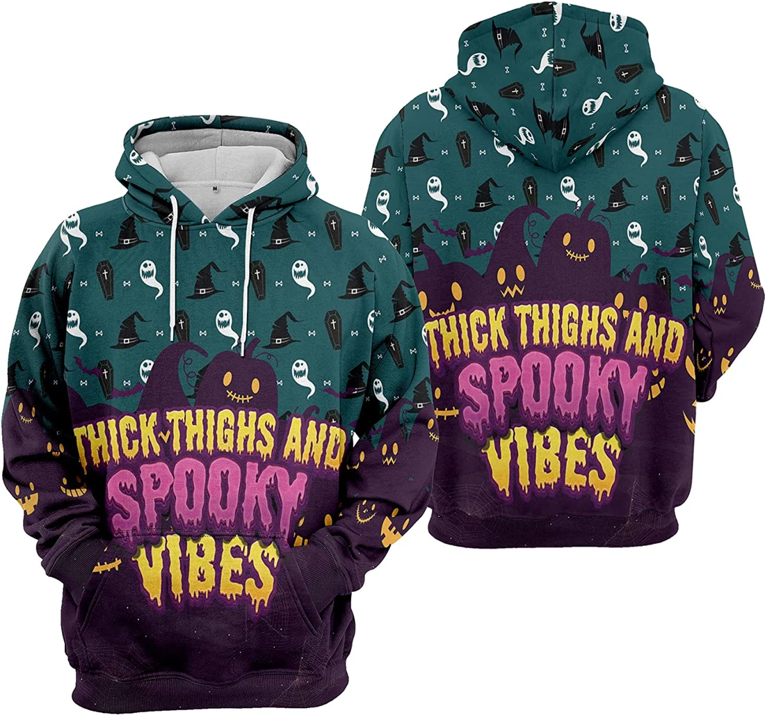 Cat Bat Cobweb Halloweenthick Thighs Spooky Vibes - 3D Printed Pullover Hoodie
