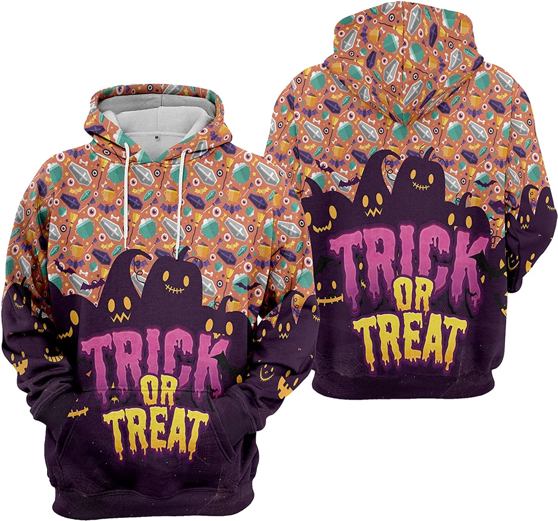 Pumpkin Trick Or Treat Cat Bat Cobweb Halloween - 3D Printed Pullover Hoodie