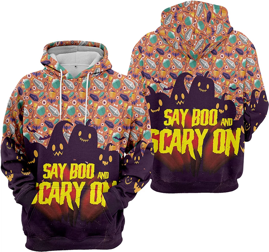 Say Boo Scary On Cat Bat Cobweb Halloween - 3D Printed Pullover Hoodie