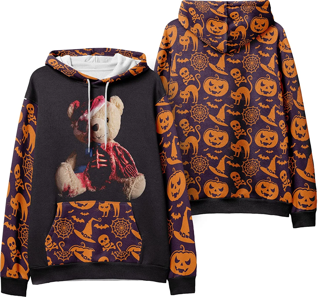 Zombie Bear Skull Crossbones Seamless Pattern Halloween - 3D Printed Pullover Hoodie