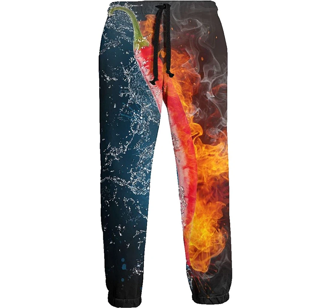 Personalized Chili Pepper Fire Water Graphic Athletic Sweatpants, Joggers Pants With Drawstring For Men, Women