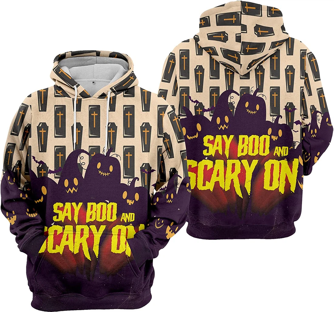 Say Boo Scary On Cat Bat Cobweb Seamless Pattern Halloween - 3D Printed Pullover Hoodie