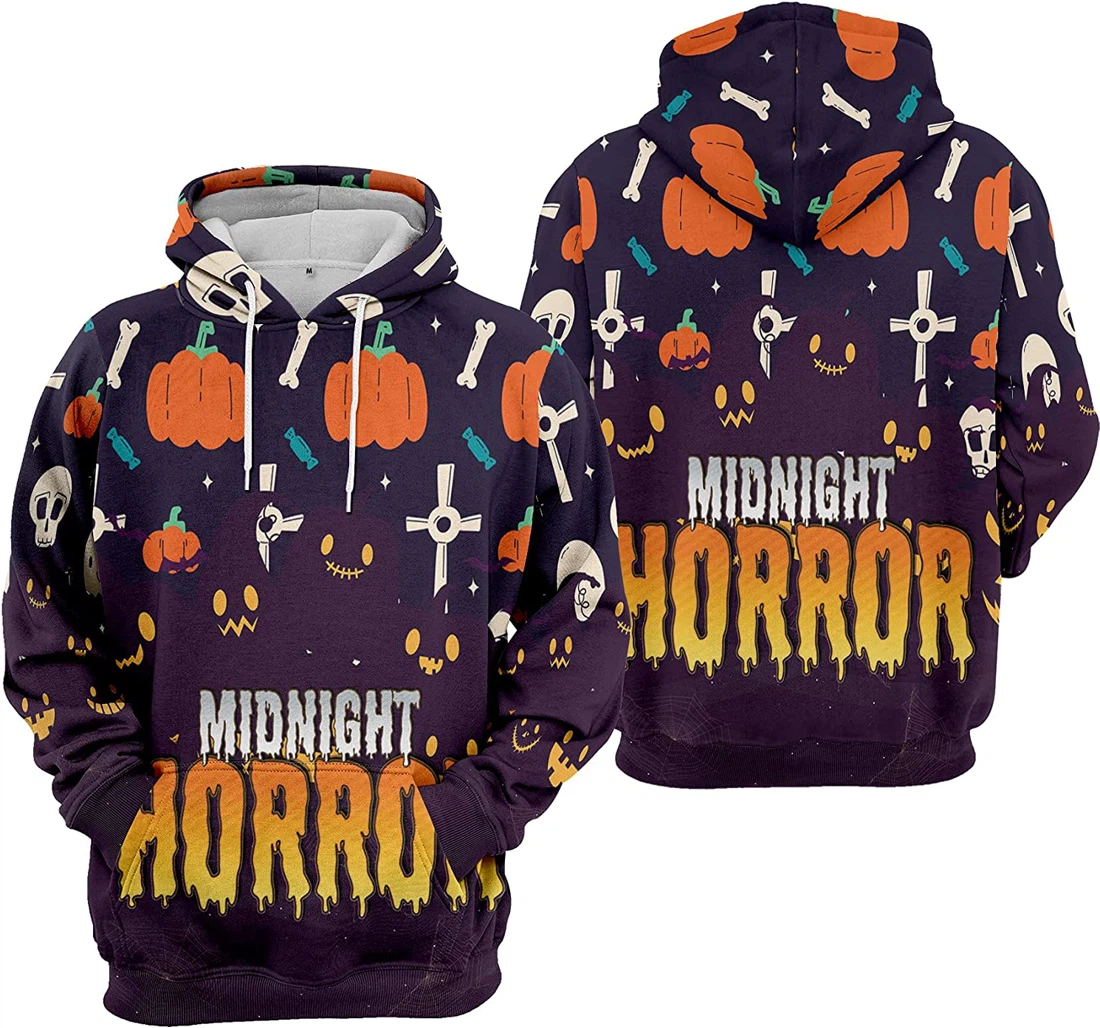Midnight Horror Cat Bat Cobweb Seamless Pattern Halloween - 3D Printed Pullover Hoodie
