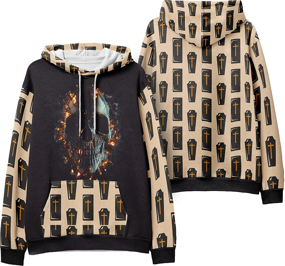 Skull Fire Crossbones Seamless Pattern Halloween - 3D Printed Pullover Hoodie