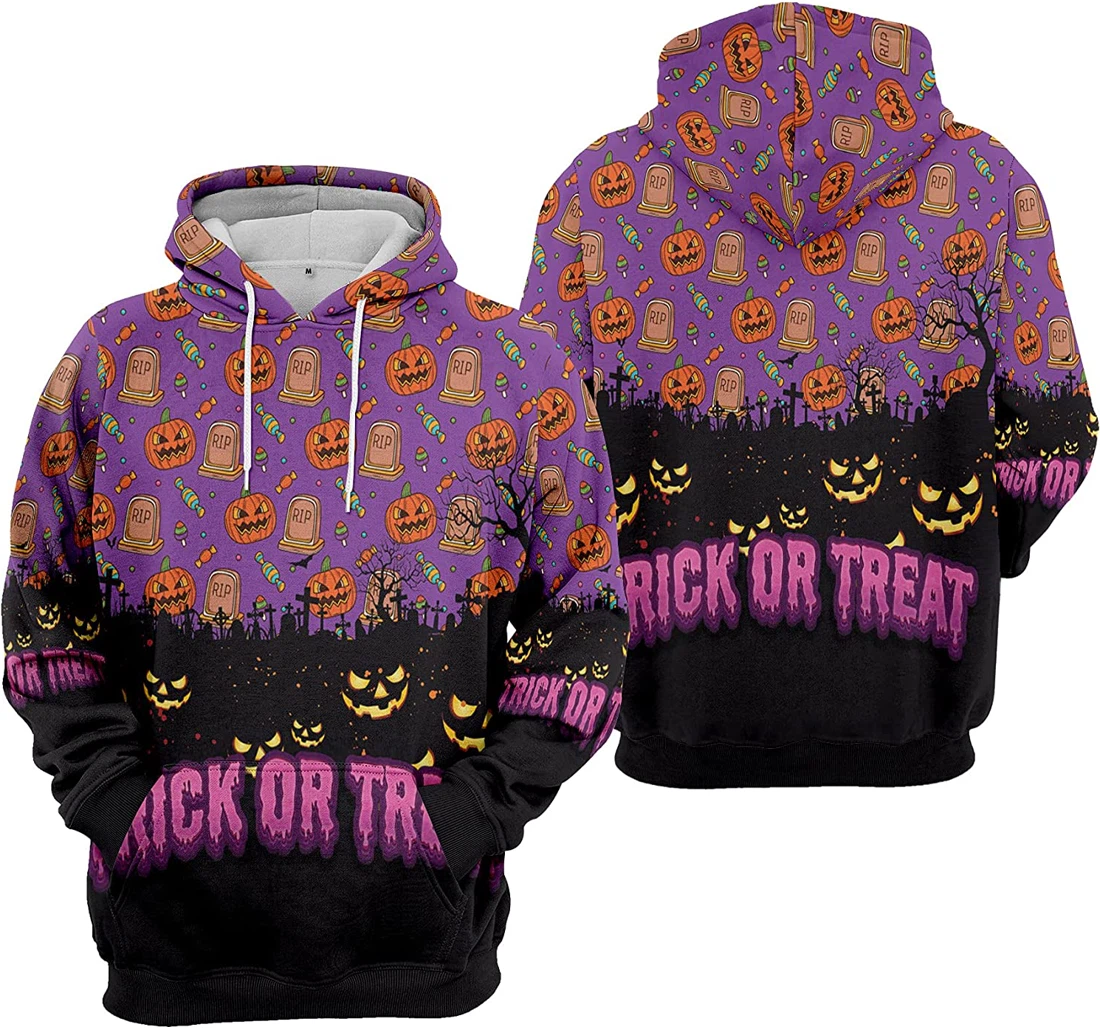 Trick Or Treat Pumpkin Cemetery Ghost Seamless Pattern 3 Halloween - 3D Printed Pullover Hoodie