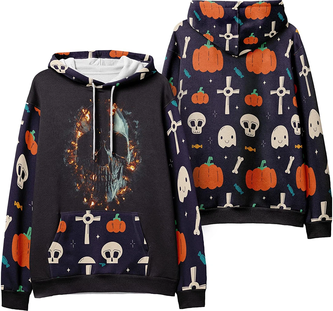 Skull Fire Monster Mask Seamless Pattern Halloween - 3D Printed Pullover Hoodie