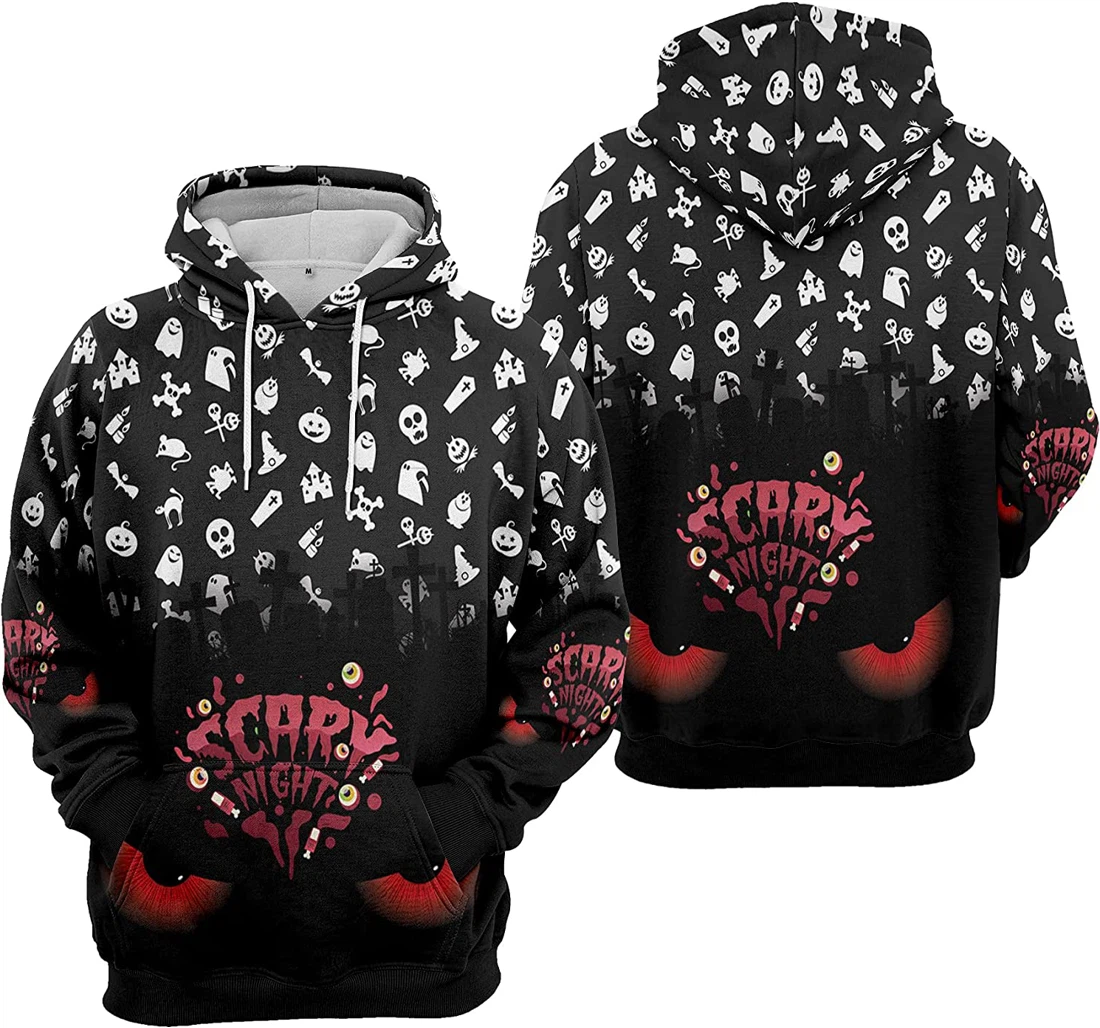 Scary Night Devil Eyes Cemetery Spider Seamless Pattern Halloween - 3D Printed Pullover Hoodie