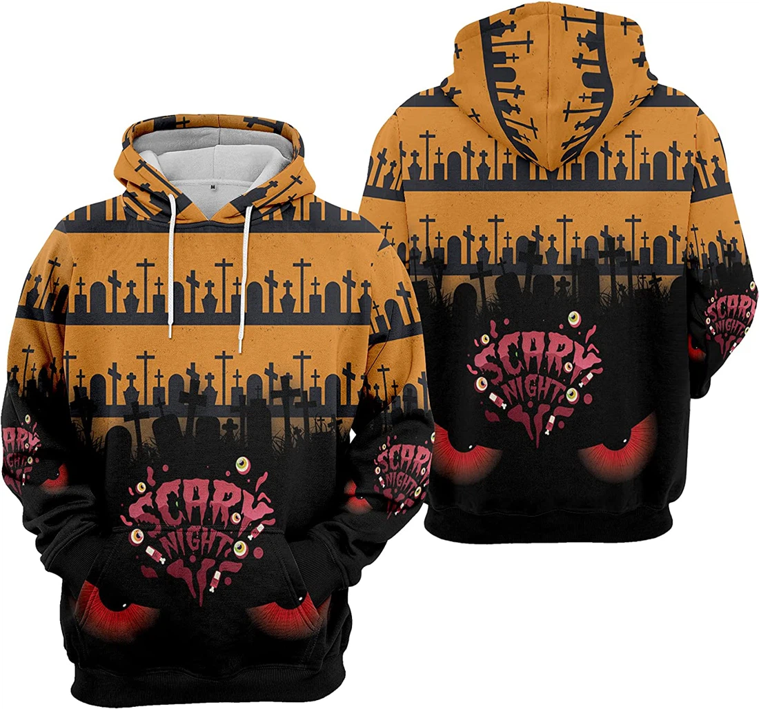 Scary Night Devil Eyes Cemetery Bat Cat Pumpkin Seamless Pattern Halloween - 3D Printed Pullover Hoodie