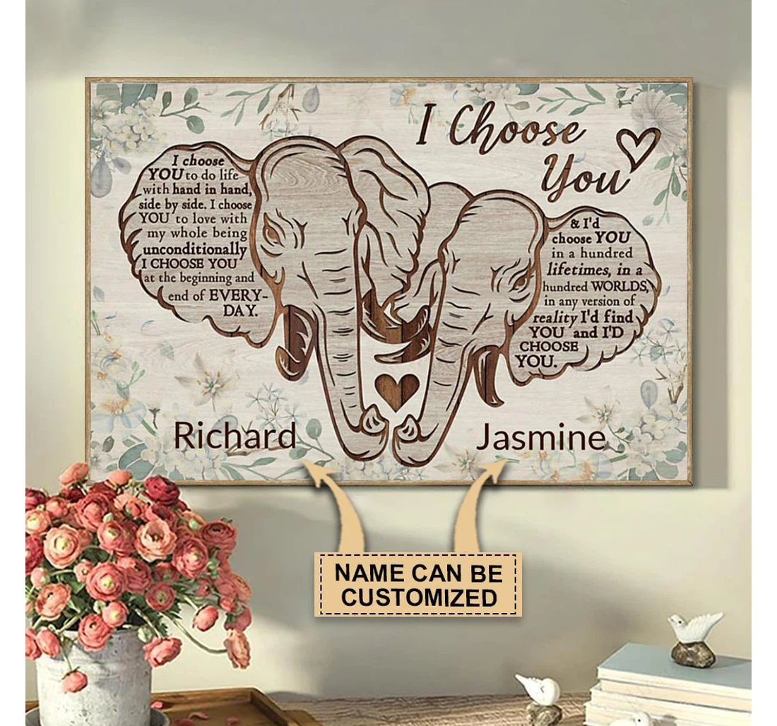 Poster, Canvas - Personalized Elephant I Choose You Valentine Couple Name Print Framed Wall Art