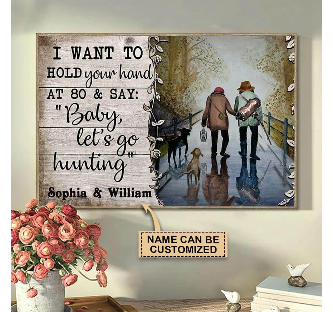 Poster, Canvas - Personalized Hunting Hold Your Hand Valentine Couple Name Print Framed Wall Art