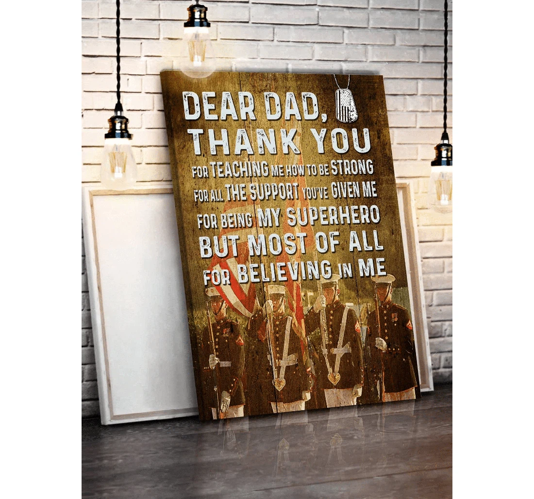 Poster, Canvas - Veteran Dad Father's Day, Dear Dad, Thank You Teaching Me How To Be Strong Matte Print Framed Wall Art