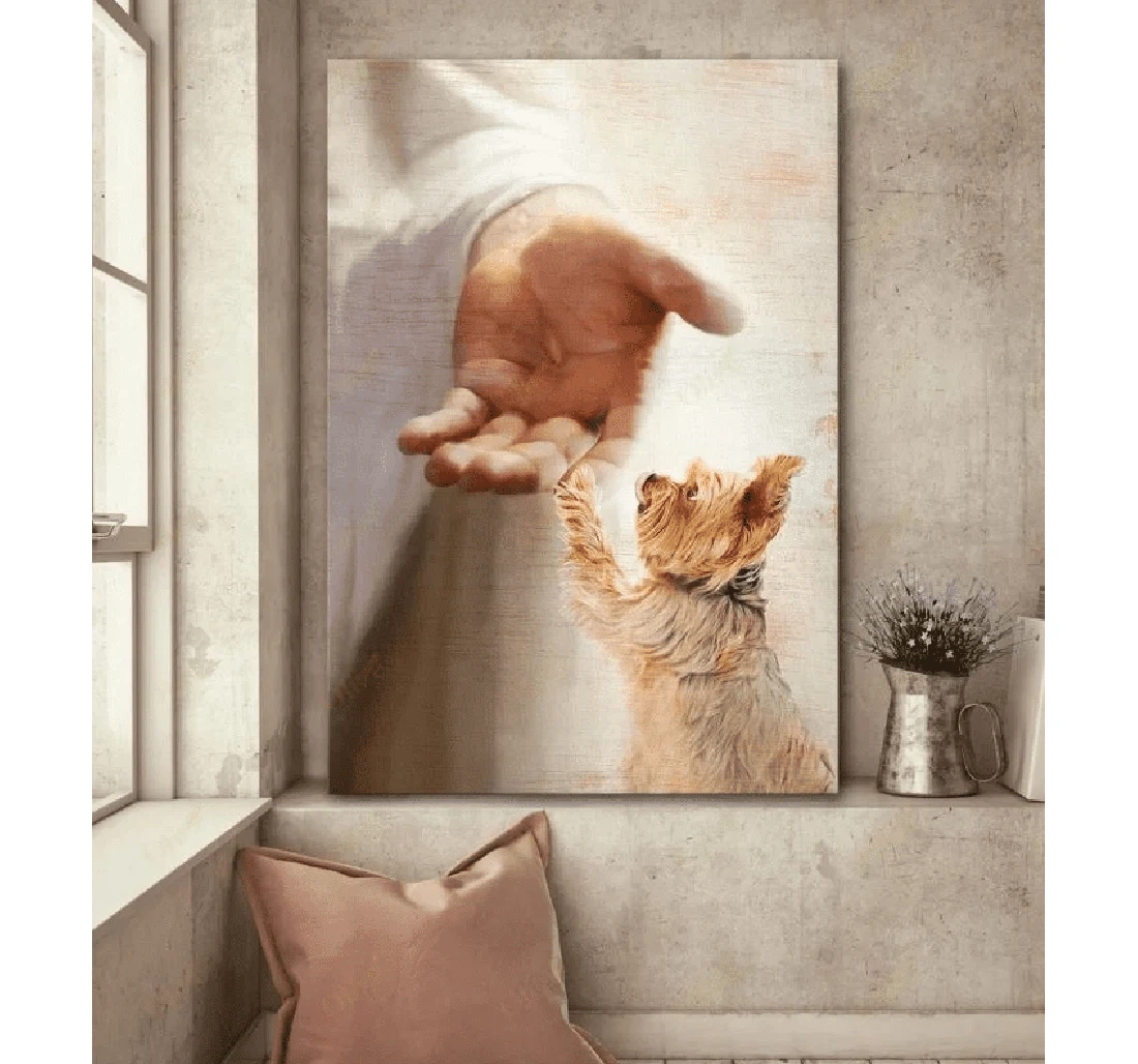 Poster, Canvas - Jesus Blessed Yorkshire Terrier Take My Hand V Print Framed Wall Art
