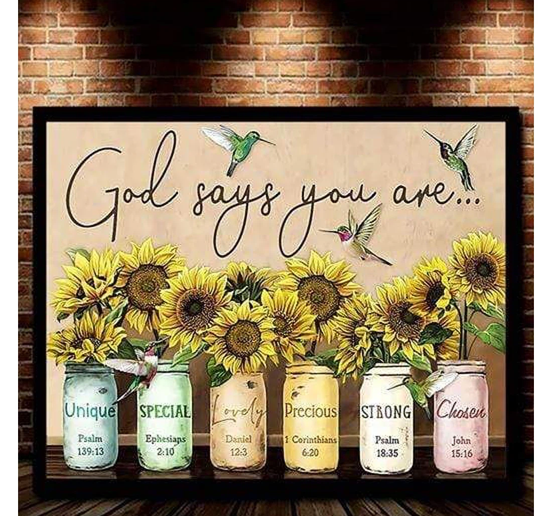 Poster, Canvas - God Says You Are Sunflower And Hummingbird V Print Framed Wall Art