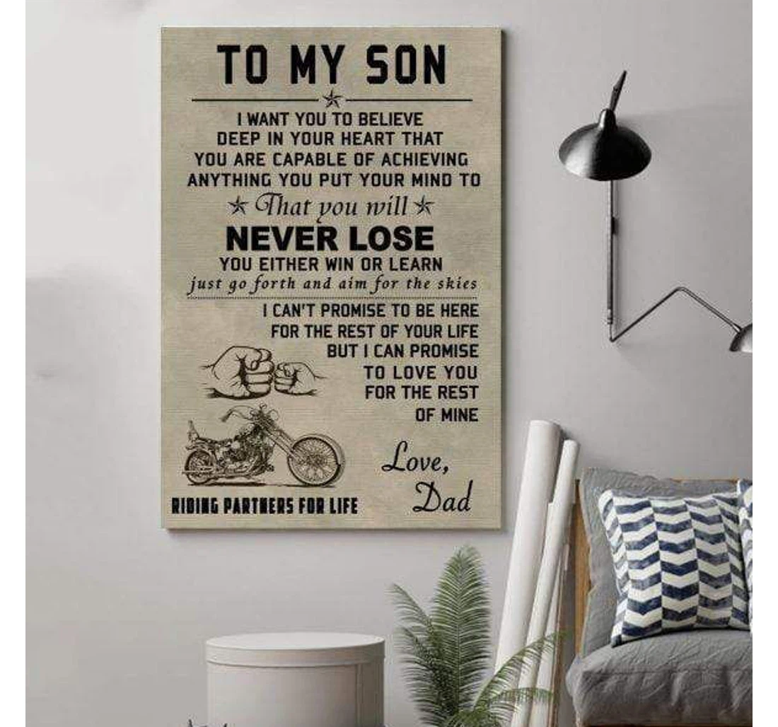 Poster, Canvas - Father's Day Biker Dad To My Son, I Want You Believe You V Print Framed Wall Art