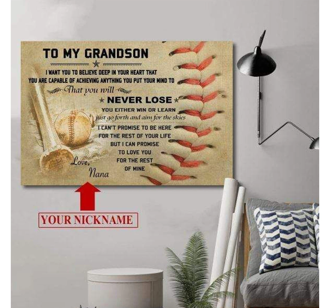 Poster, Canvas - Baseball Nana To My Grandson Believe In Your Heart Custom Name V Print Framed Wall Art