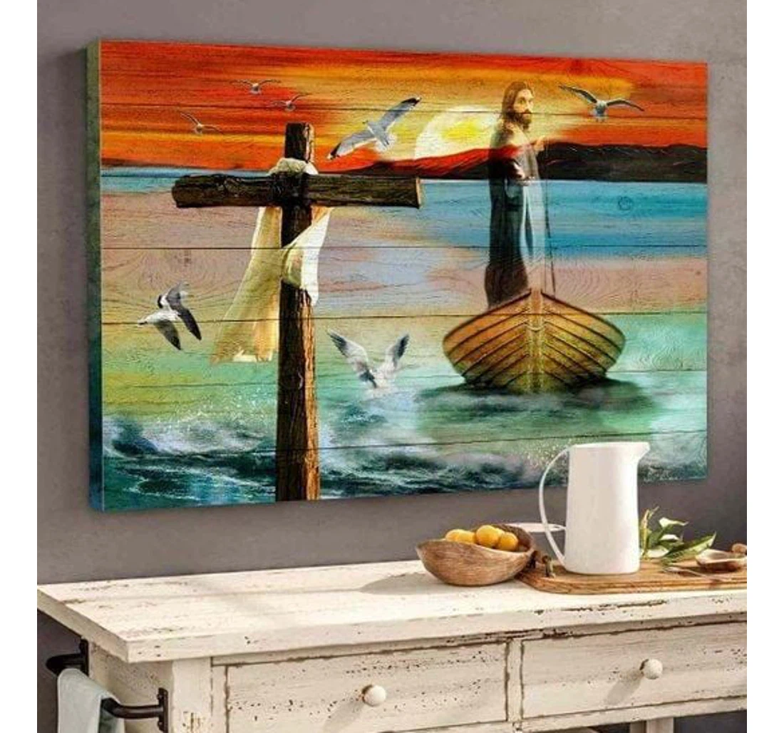 Poster, Canvas - Jesus Christ On A Boat Sunset Sky V Print Framed Wall Art