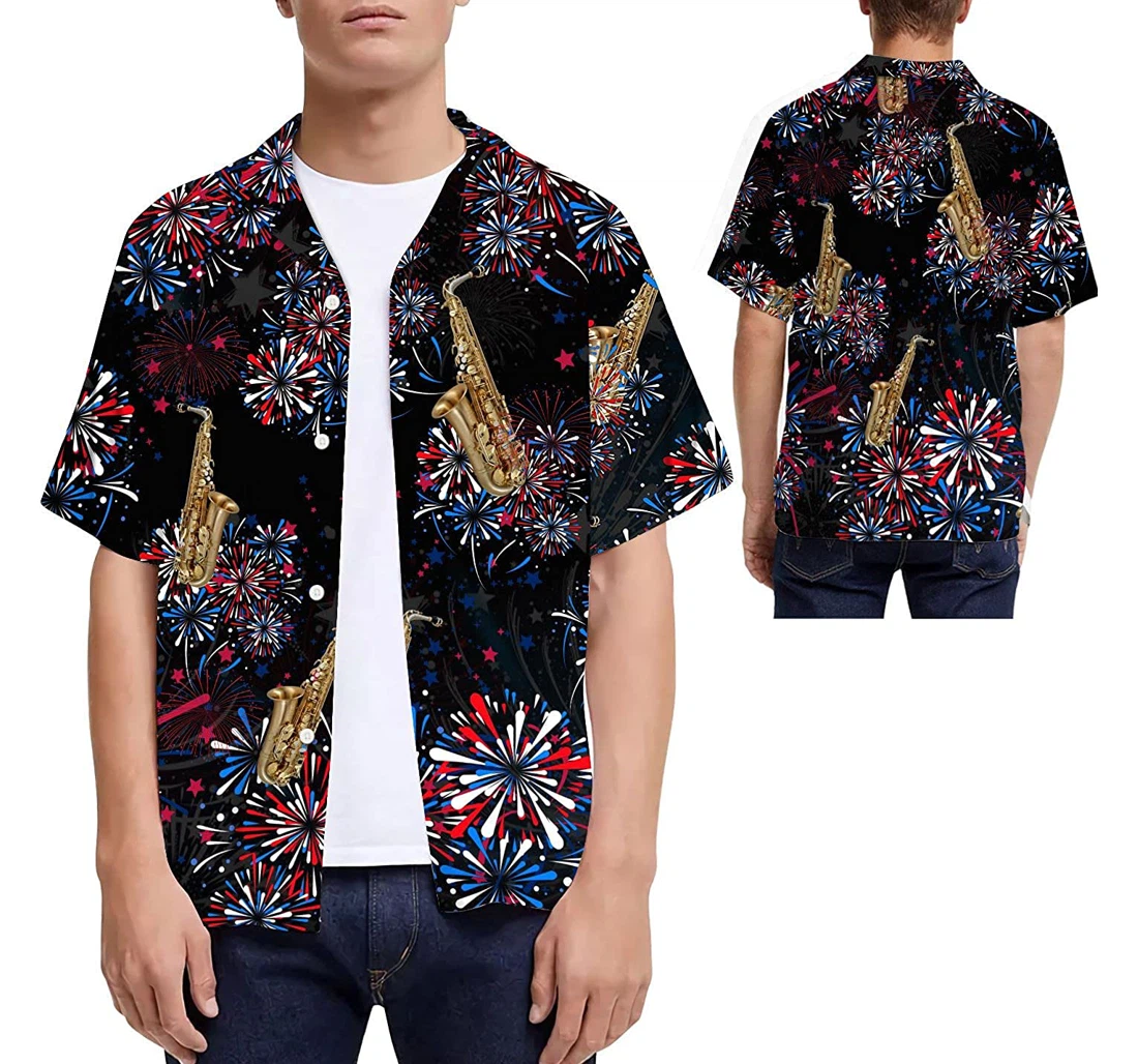 Personalized Saxophone American Independence Day 4th Of July Fireworks Hawaiian Shirt, Button Up Aloha Shirt For Men, Women