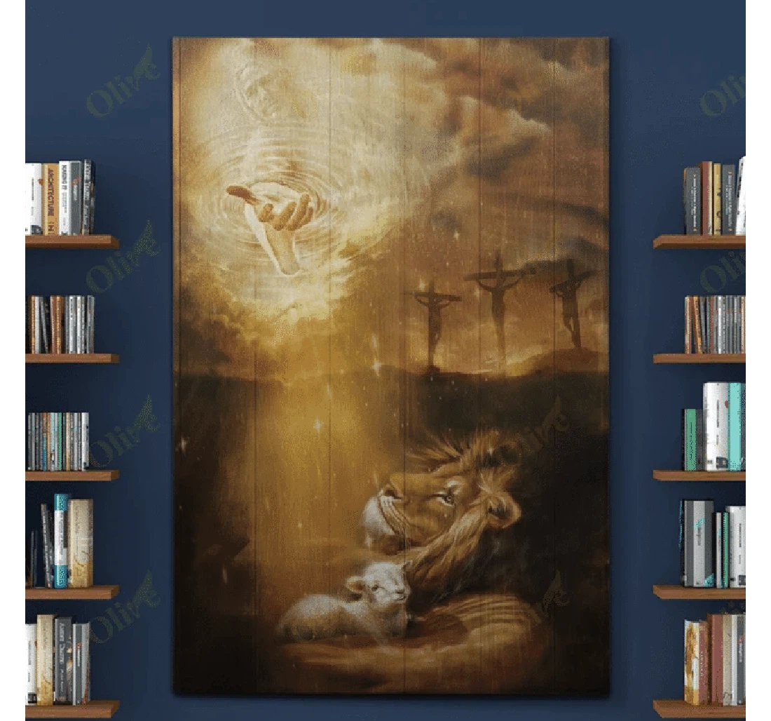 Poster, Canvas - Lion And Lamb Cross Hold God Hand V Print Framed Wall Art
