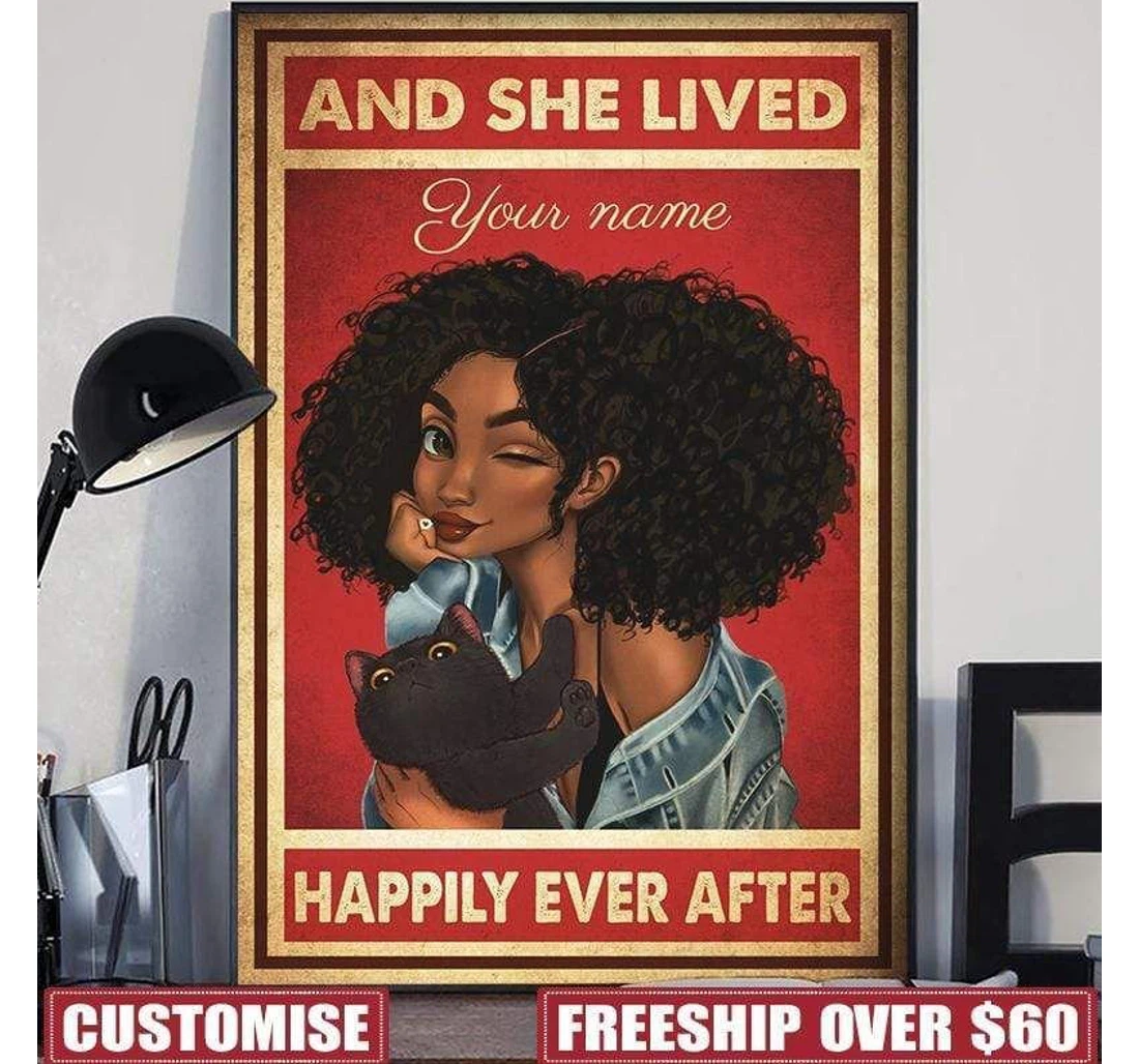 Poster, Canvas - Black Girl Love Cat Custom Name V Print Framed Wall Art