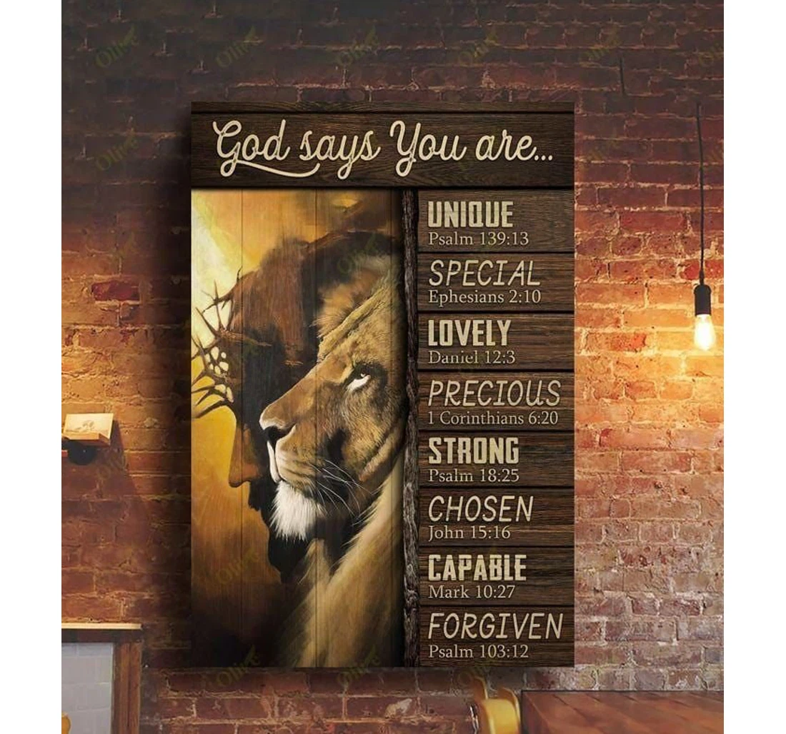 Poster, Canvas - Jesus Lion Christians God Say You Are Unique, Strong V Print Framed Wall Art