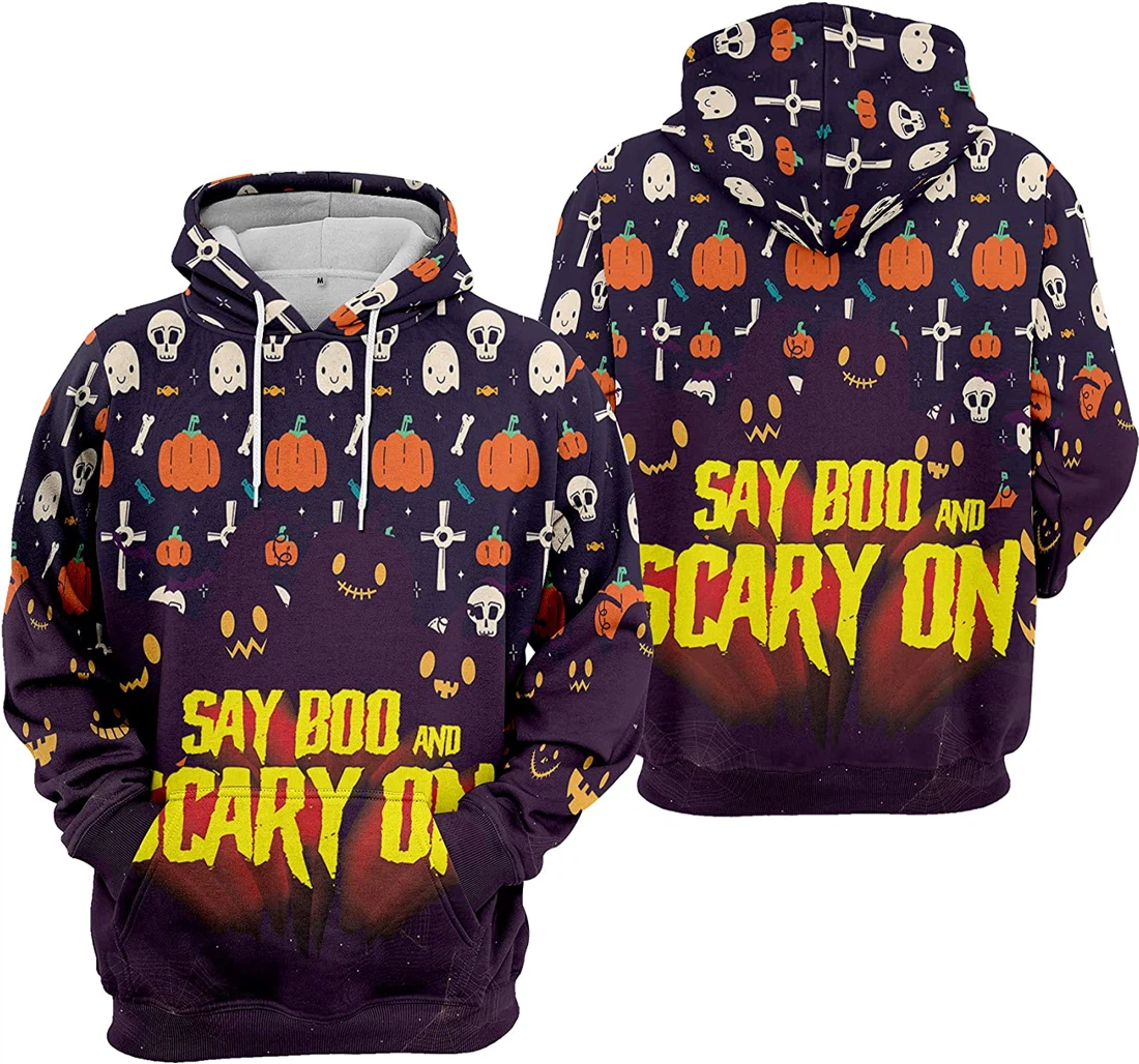 Say Boo Scary On Cat Bat Cobweb Halloween - 3D Printed Pullover Hoodie