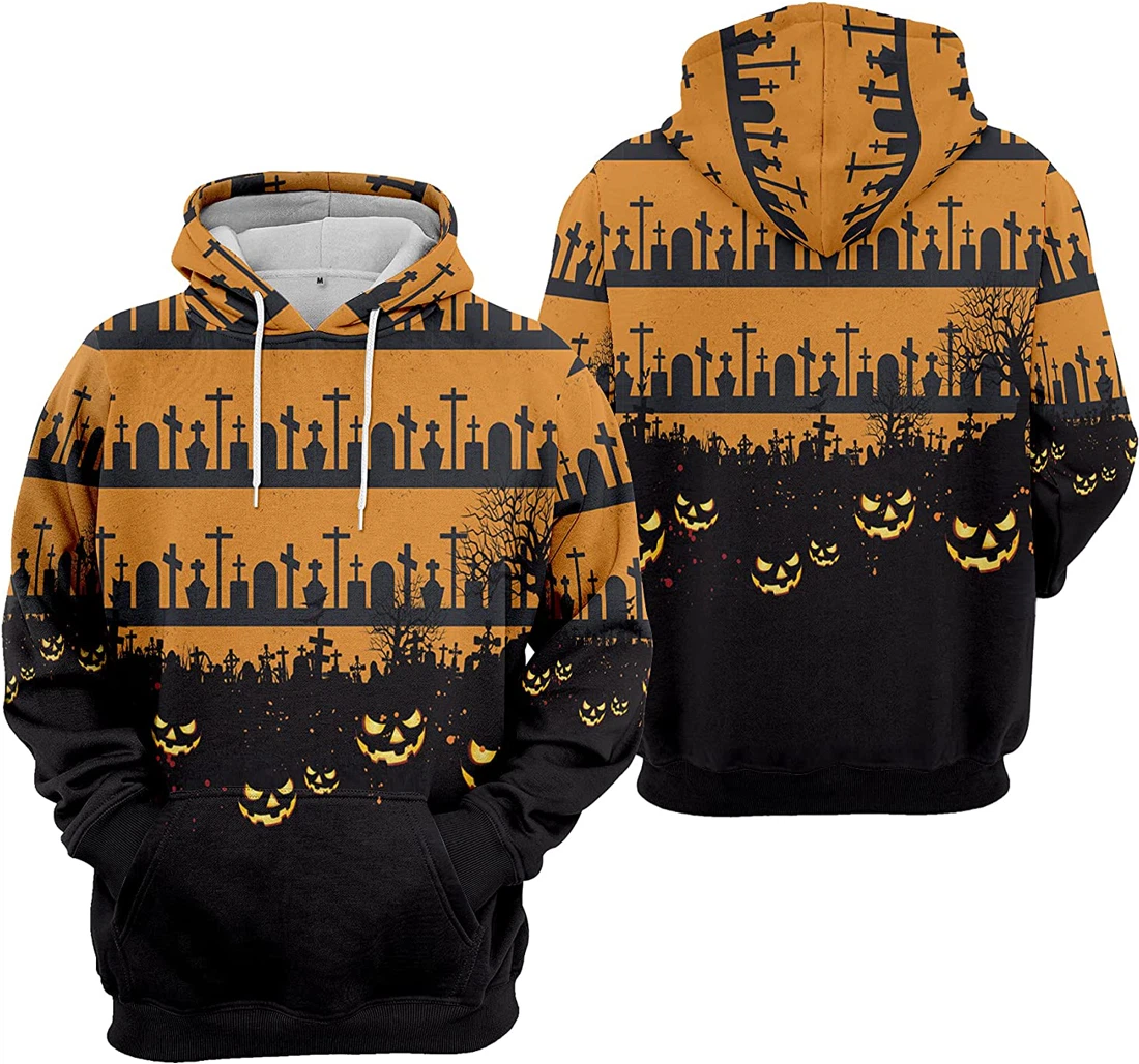 Cemetery Pumpkin Bat Cobweb Cat Seamless Pattern Halloween - 3D Printed Pullover Hoodie