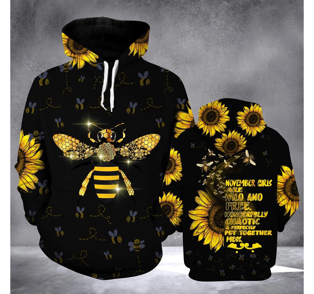 November Girl Bee Sunflower 3d 3d Birthday Gift Christmas Or Friends F - 3D Printed Pullover Hoodie