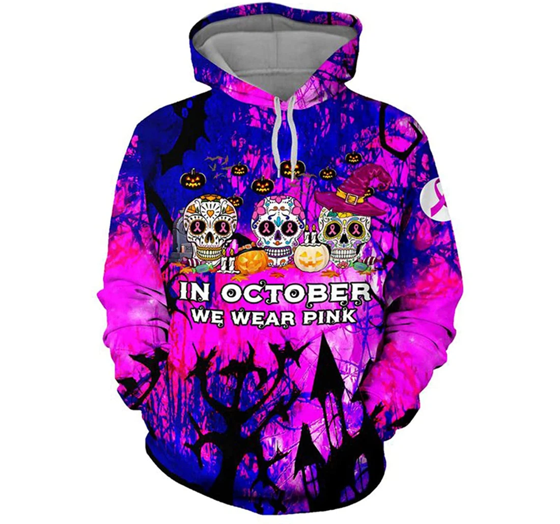 Breast Cancer Halloween Sugar Skull Pattern In October We Wear Pink - 3D Printed Pullover Hoodie