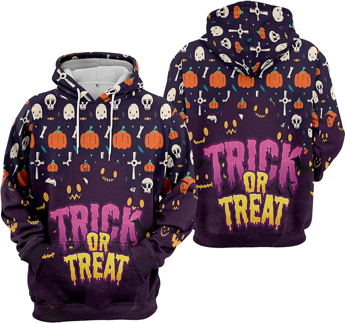 Pumpkin Trick Or Treat Cat Bat Cobweb Halloween - 3D Printed Pullover Hoodie