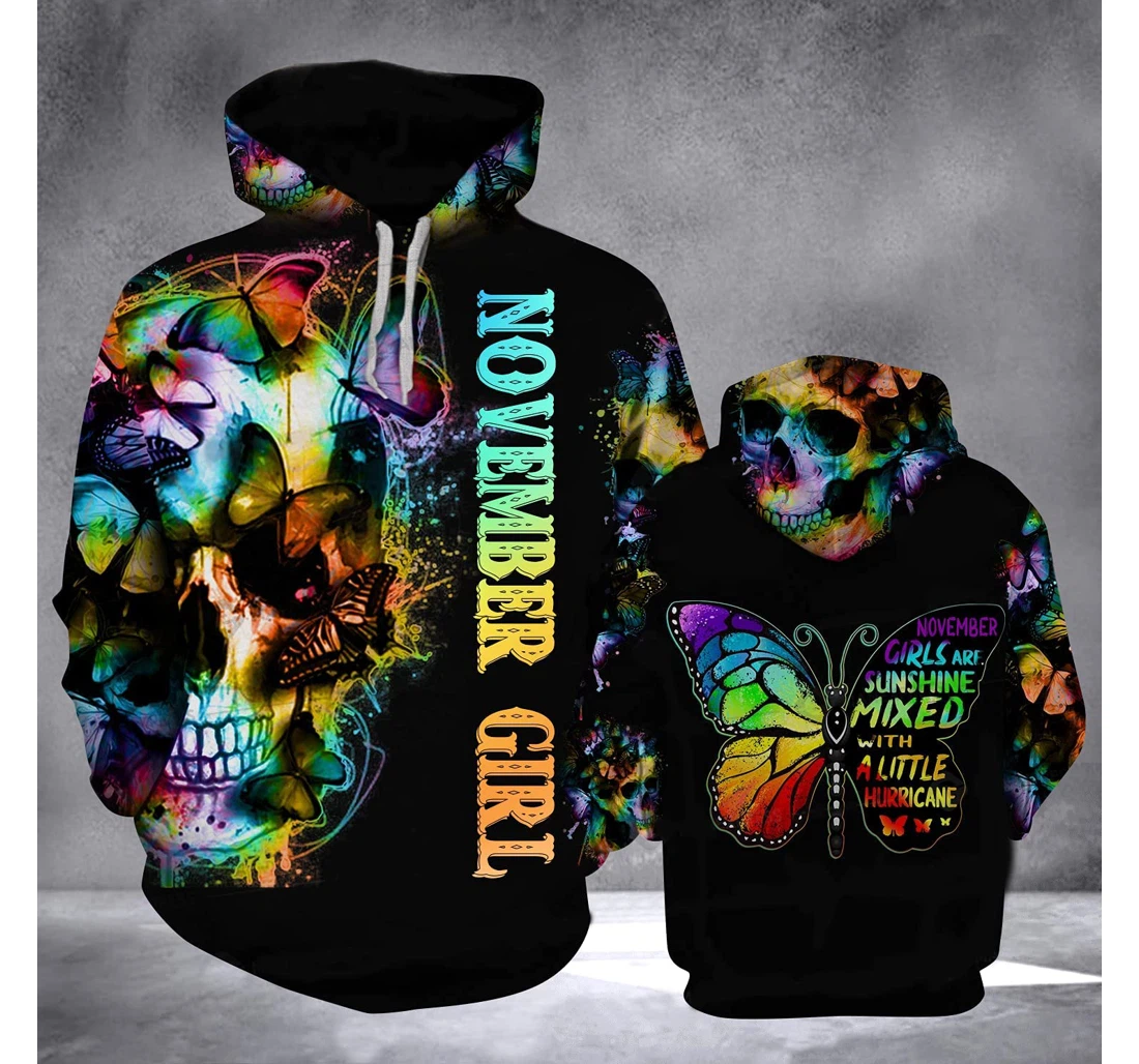 November Girl Butterfly Skull 3d 3d Birthday Gift Christmas Or Friends F - 3D Printed Pullover Hoodie