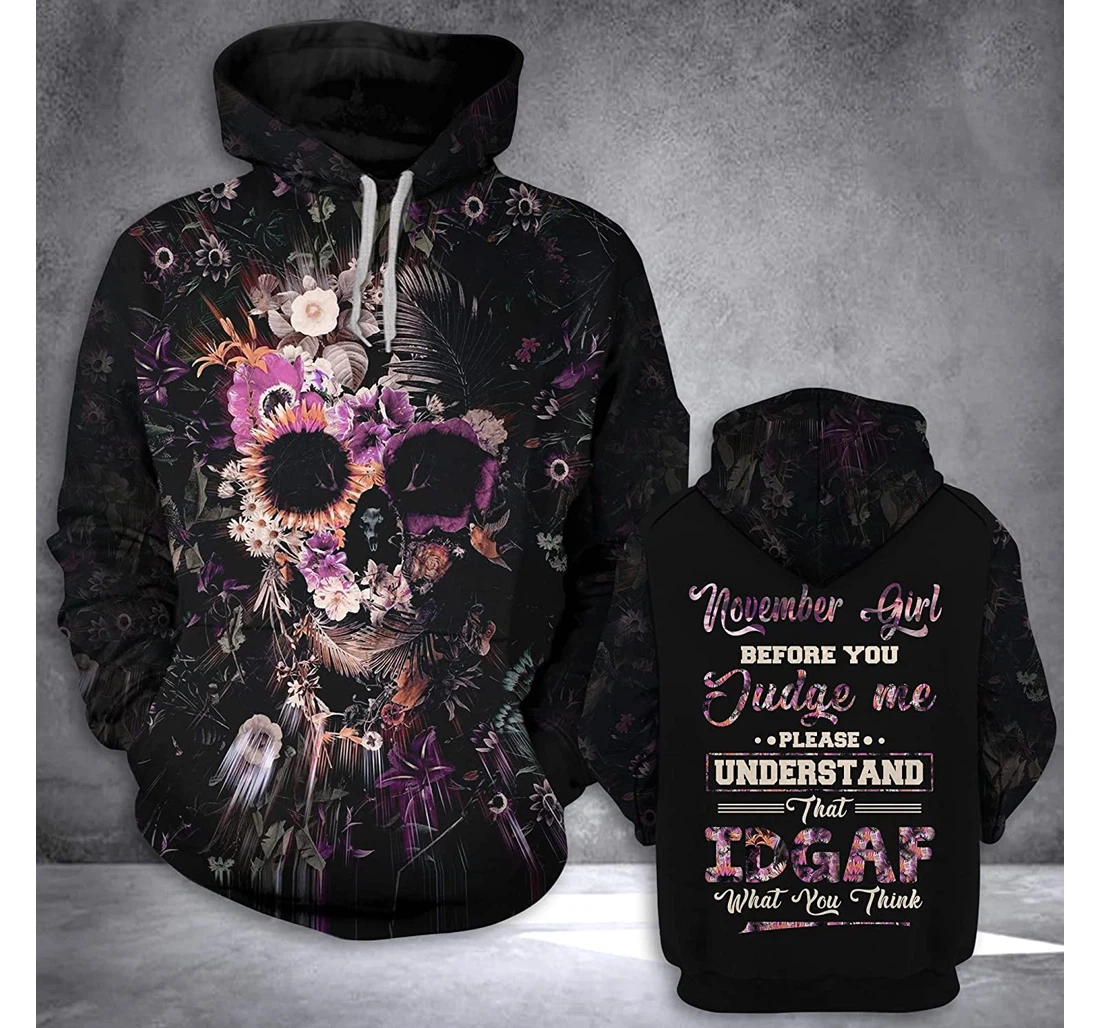 November Girl Flower Skull 3d 3d Birthday Gift Christmas Or Friends F - 3D Printed Pullover Hoodie