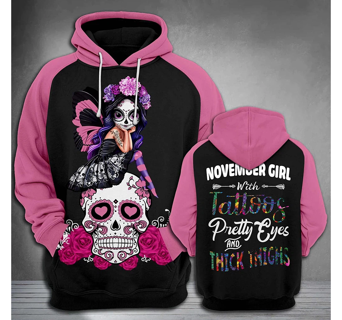 November Butterfly Girl Skull 3d 3d Birthday Gift Christmas Or Friends F - 3D Printed Pullover Hoodie