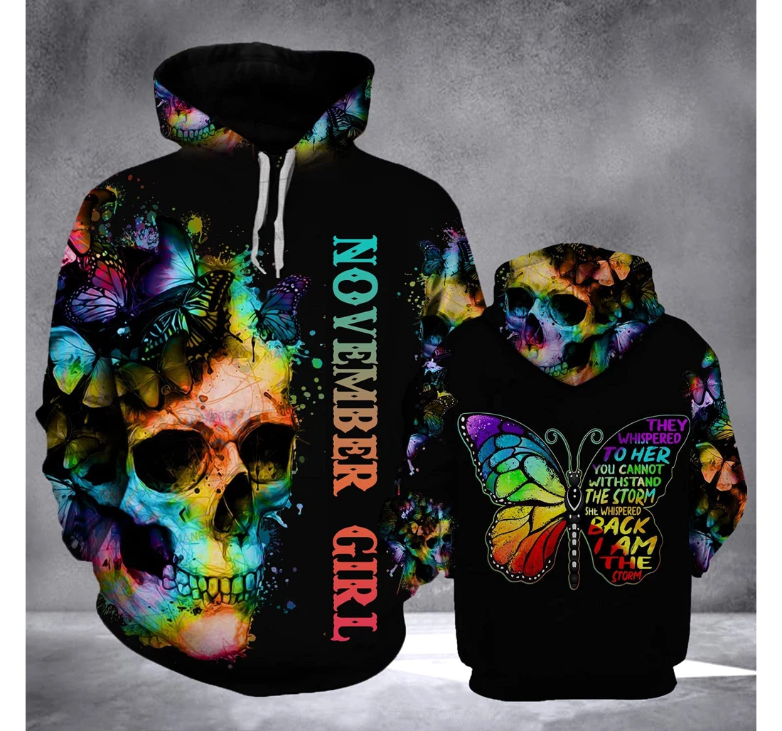 November Girl Butterfly Skull I Am The Storm 3d 3d Birthday Gift Christmas Or Friends F - 3D Printed Pullover Hoodie