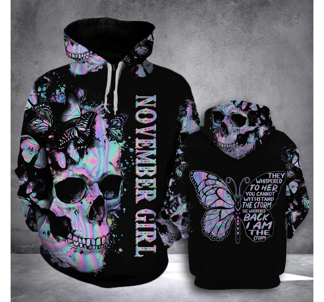 November Girl Hologram Skull 3d 3d Birthday Gift Christmas Or Friends F - 3D Printed Pullover Hoodie