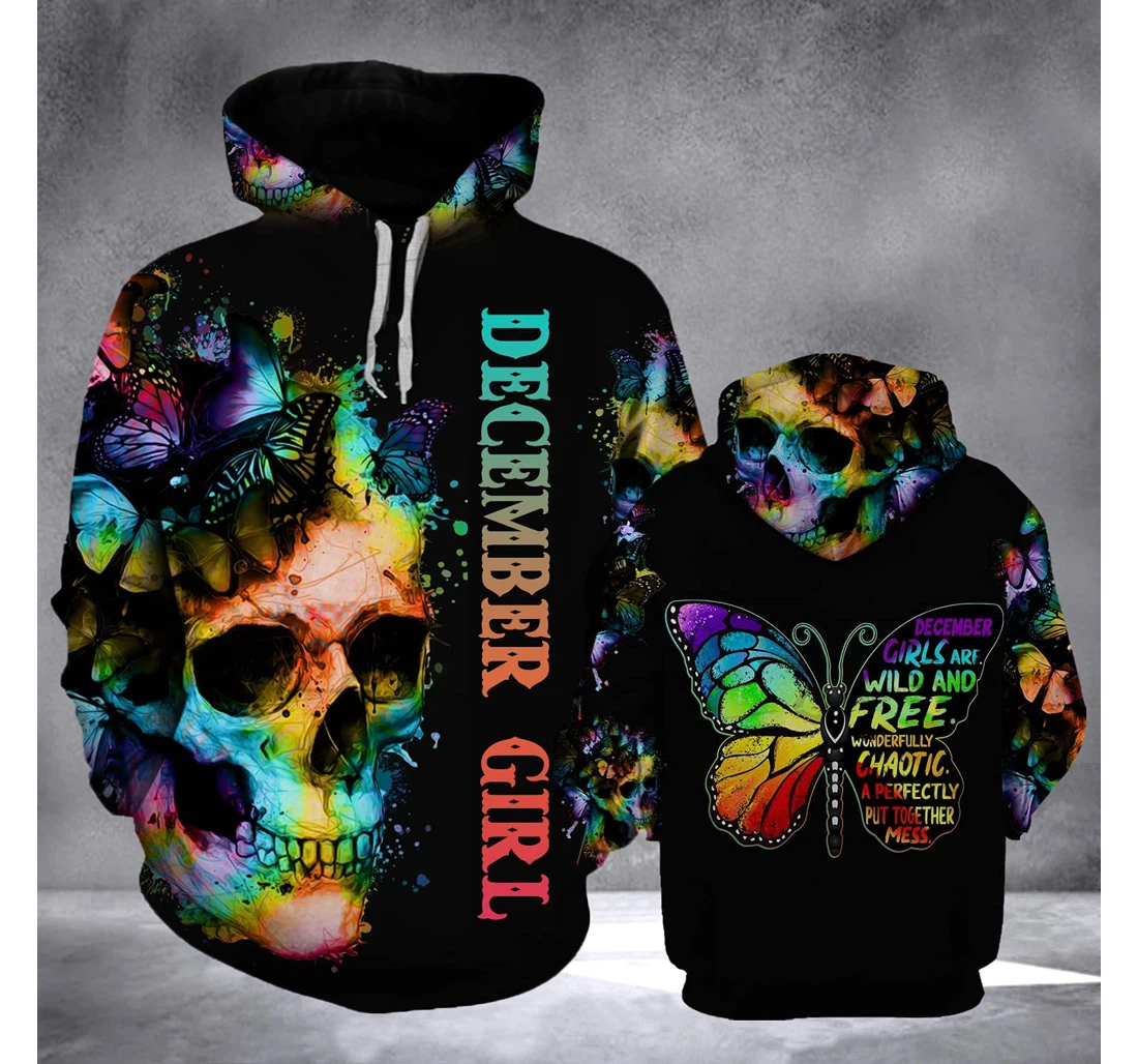 December Girl Colorful Butterfly Skull 3d 3d Birthday Gift Christmas Or Friends F - 3D Printed Pullover Hoodie