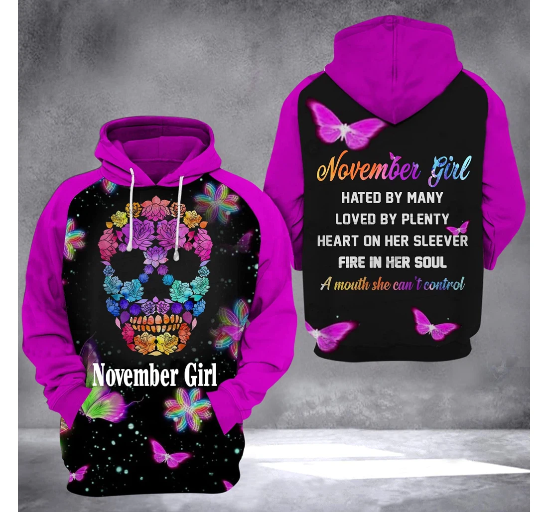 November Girl Flower Skull 3d 3d Birthday Gift Christmas Or Friends F - 3D Printed Pullover Hoodie