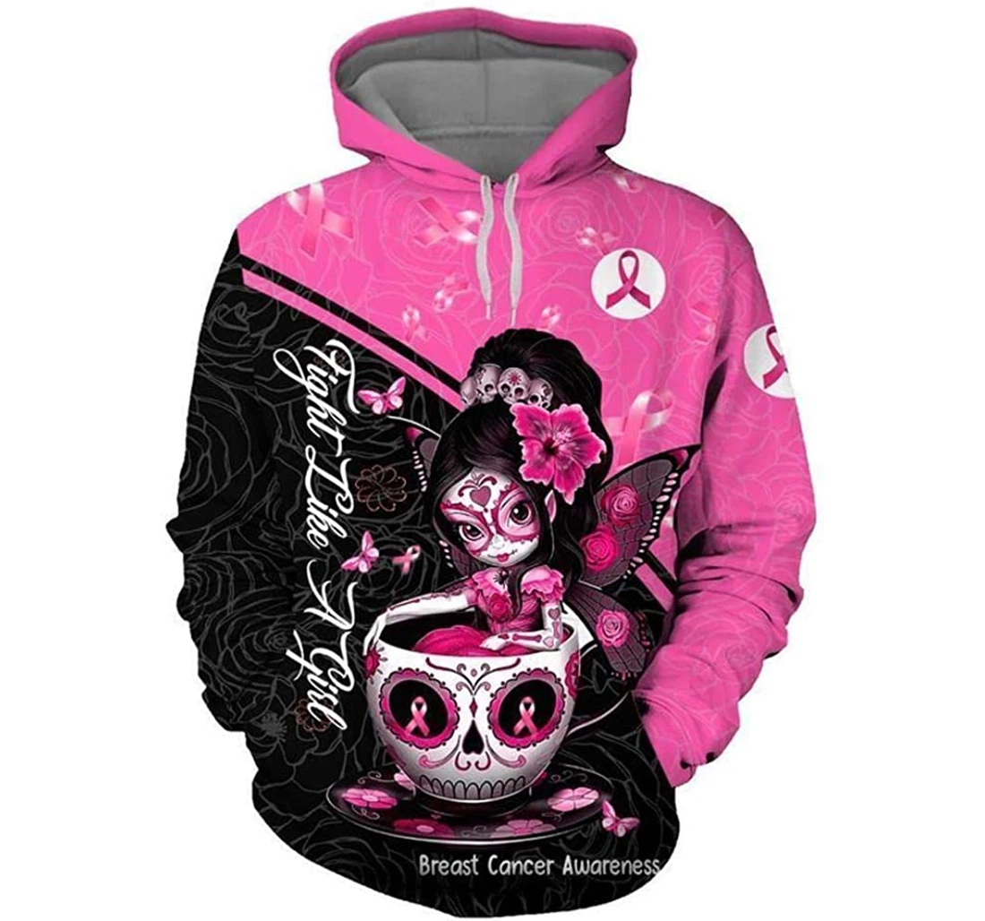 Breast Cancer Awareness Sugar Skull Lady Halloween - 3D Printed Pullover Hoodie