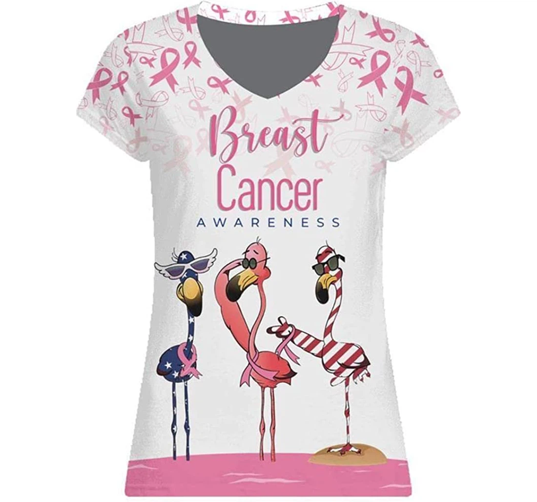 Breast Cancer Awareness Flamingo Women's V Neck - 3D Printed T-shirt