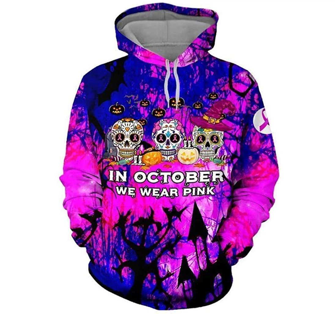 Breast Cancer Awareness In October We Wear Pink Sugar Skull Halloween Day Of The Dead - 3D Printed Pullover Hoodie