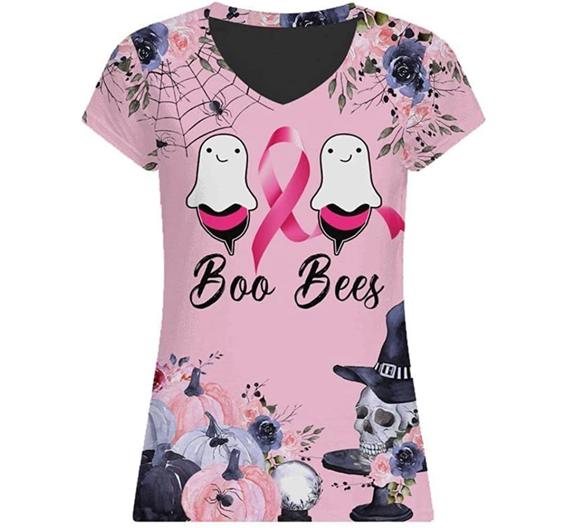 Breast Cancer Awareness Boo Bees Happy Halloween Women's V Neck - 3D Printed T-shirt