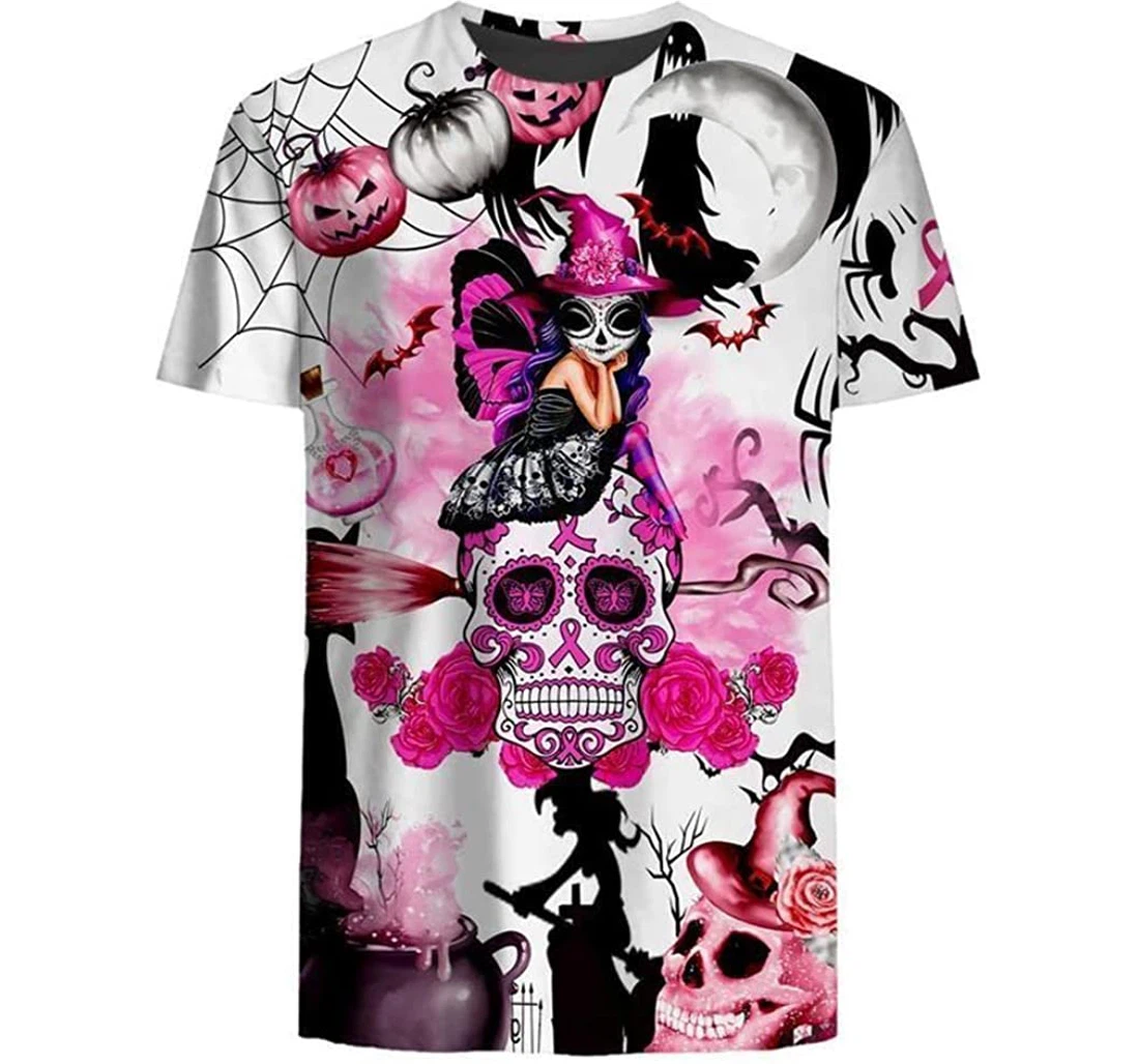 Breast Cancer Awareness Halloween Witch On Skull In October We Wear Pink - 3D Printed T-shirt