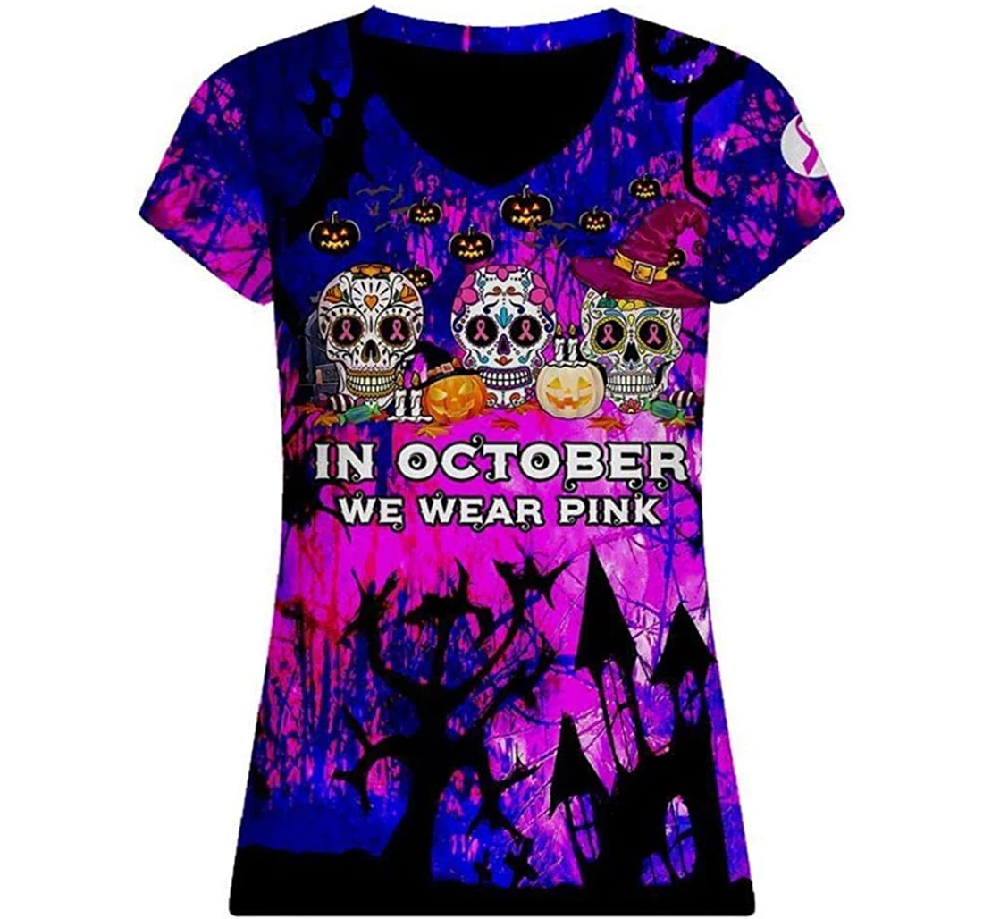 Breast Cancer Awareness Happy Halloween Sugar Skull Mexico Day Of The Dead Women's V Neck - 3D Printed T-shirt