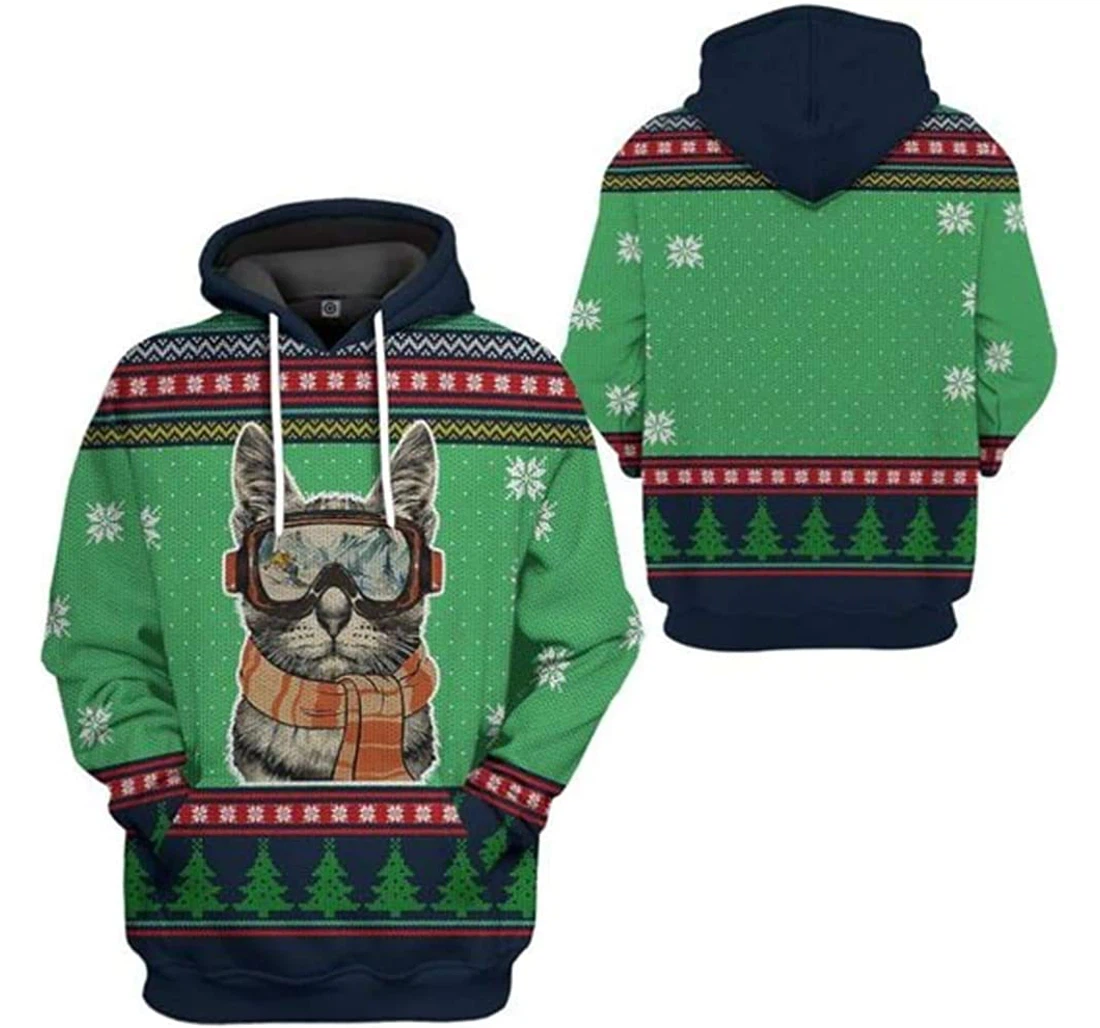 Skiing Cat Ugly Christmas Jacket Included White - 3D Printed Pullover Hoodie