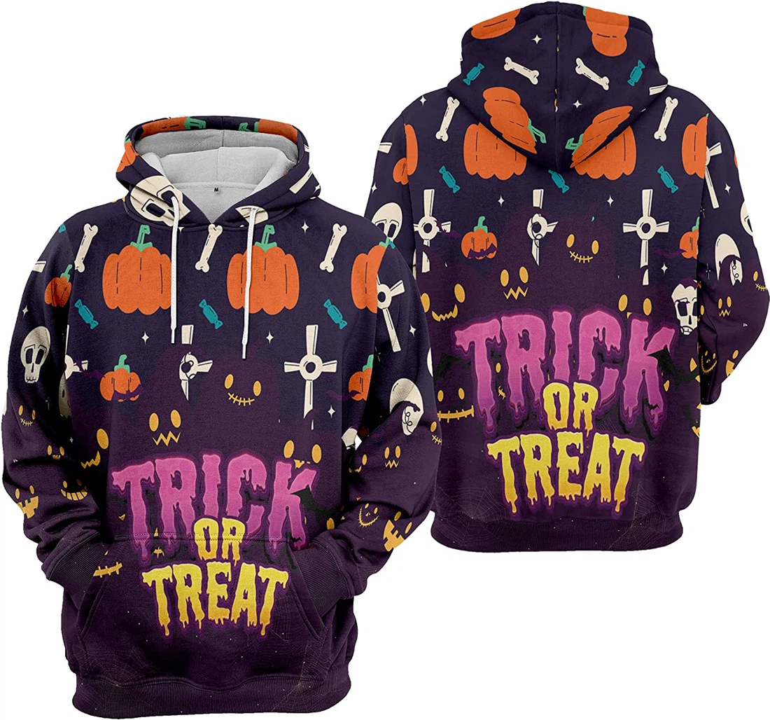 Pumpkin Trick Or Treat Cat Bat Cobweb Halloween - 3D Printed Pullover Hoodie