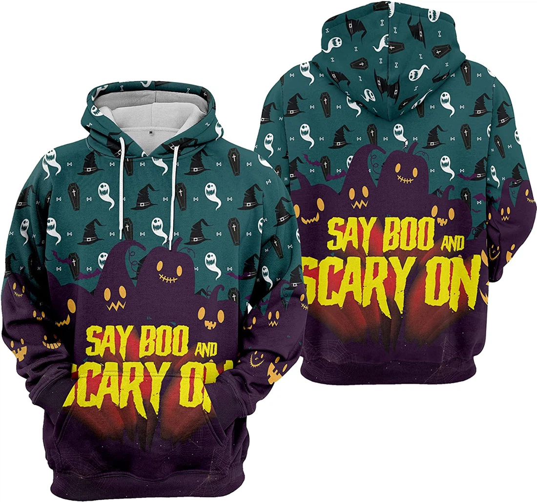 Say Boo Scary On Cat Bat Cobweb Halloween - 3D Printed Pullover Hoodie