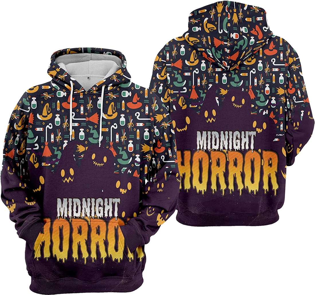 Midnight Horror Cat Bat Cobweb Seamless Pattern Halloween - 3D Printed Pullover Hoodie