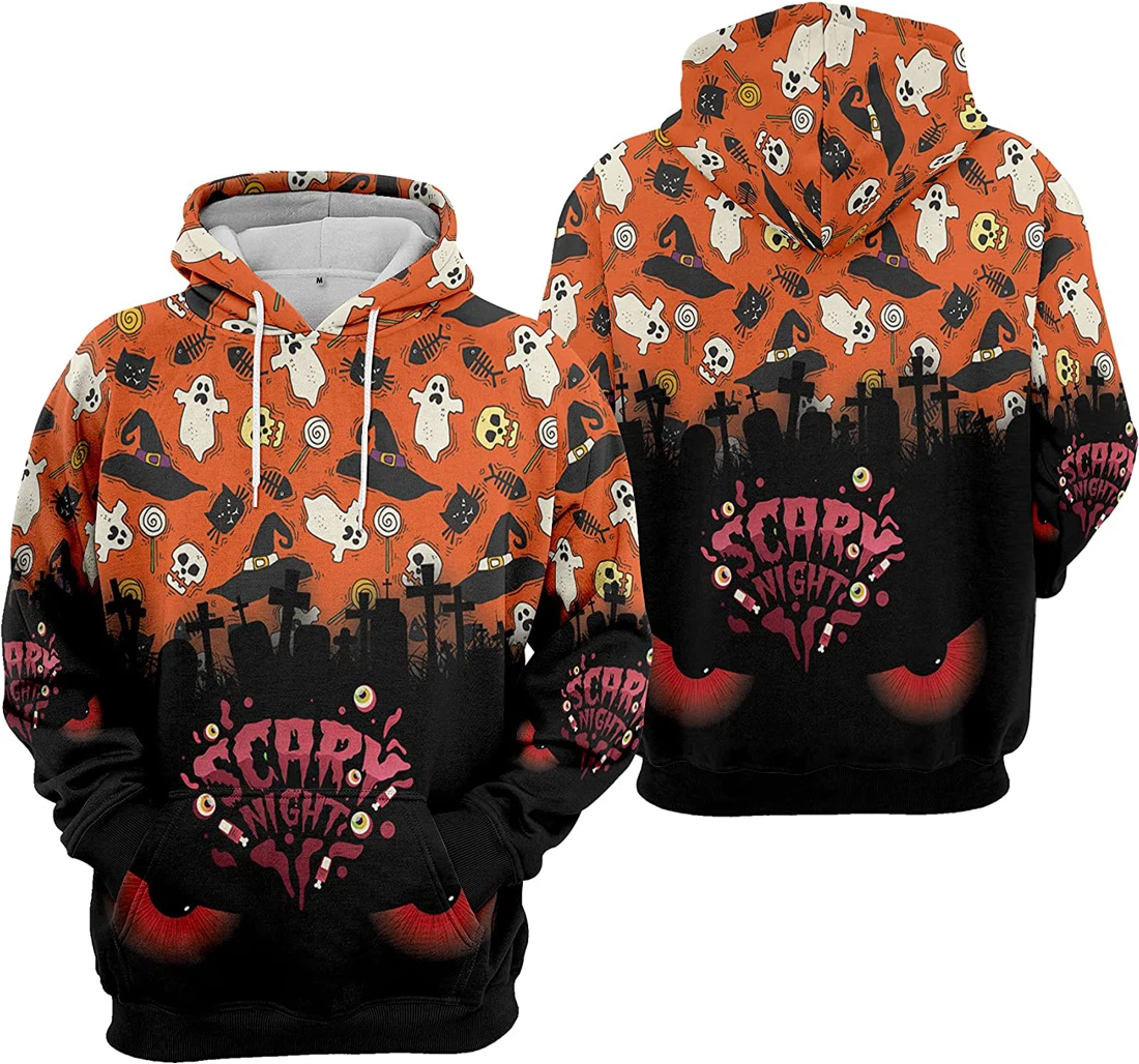 Scary Night Devil Eyes Cemetery Spider Seamless Pattern Halloween - 3D Printed Pullover Hoodie