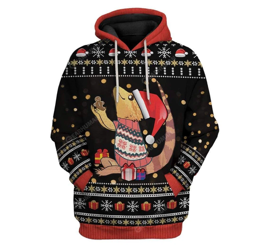 Ugly Bearded Dragon Holding Gingerbread Man Christmas Custom T-shirts - 3D Printed Pullover Hoodie