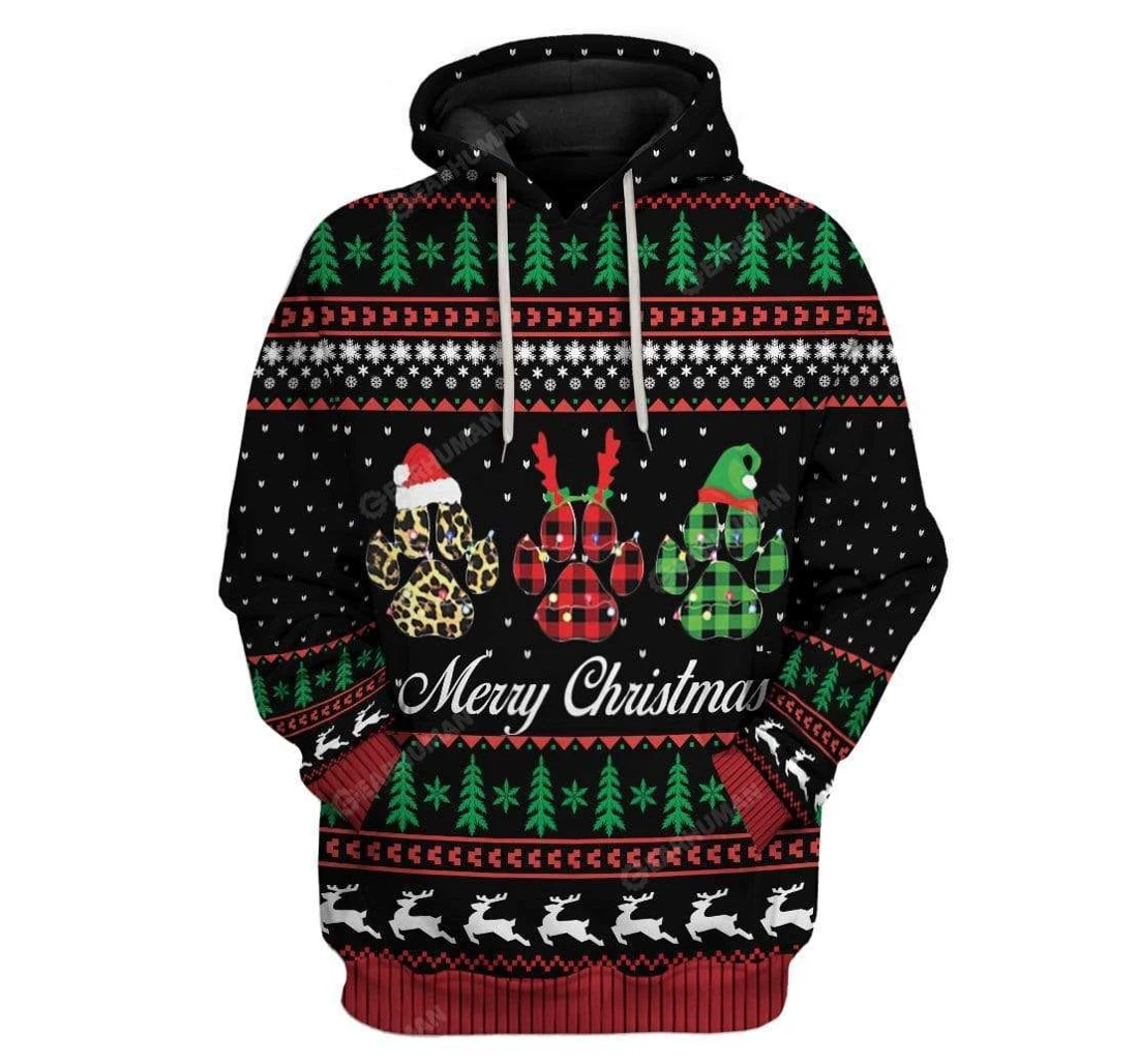Ugly Christmas Dog Paw Xmas Custom T-shirts - 3D Printed Pullover Hoodie